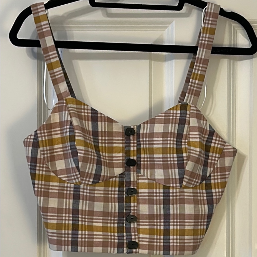 Zara Plaid Button-Up Sweetheart Crop Top